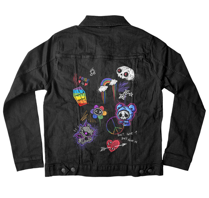Rebel Pride Denim Jacket – gothic denim jacket by Akumu Ink, alt fashion art from Akumu Ink Clothing