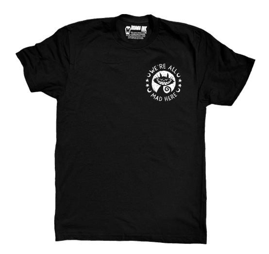 All Mad Here Men Logo Tshirt – gothic Men Shirts by Akumu Ink, alt fashion art from Akumu Ink Clothing